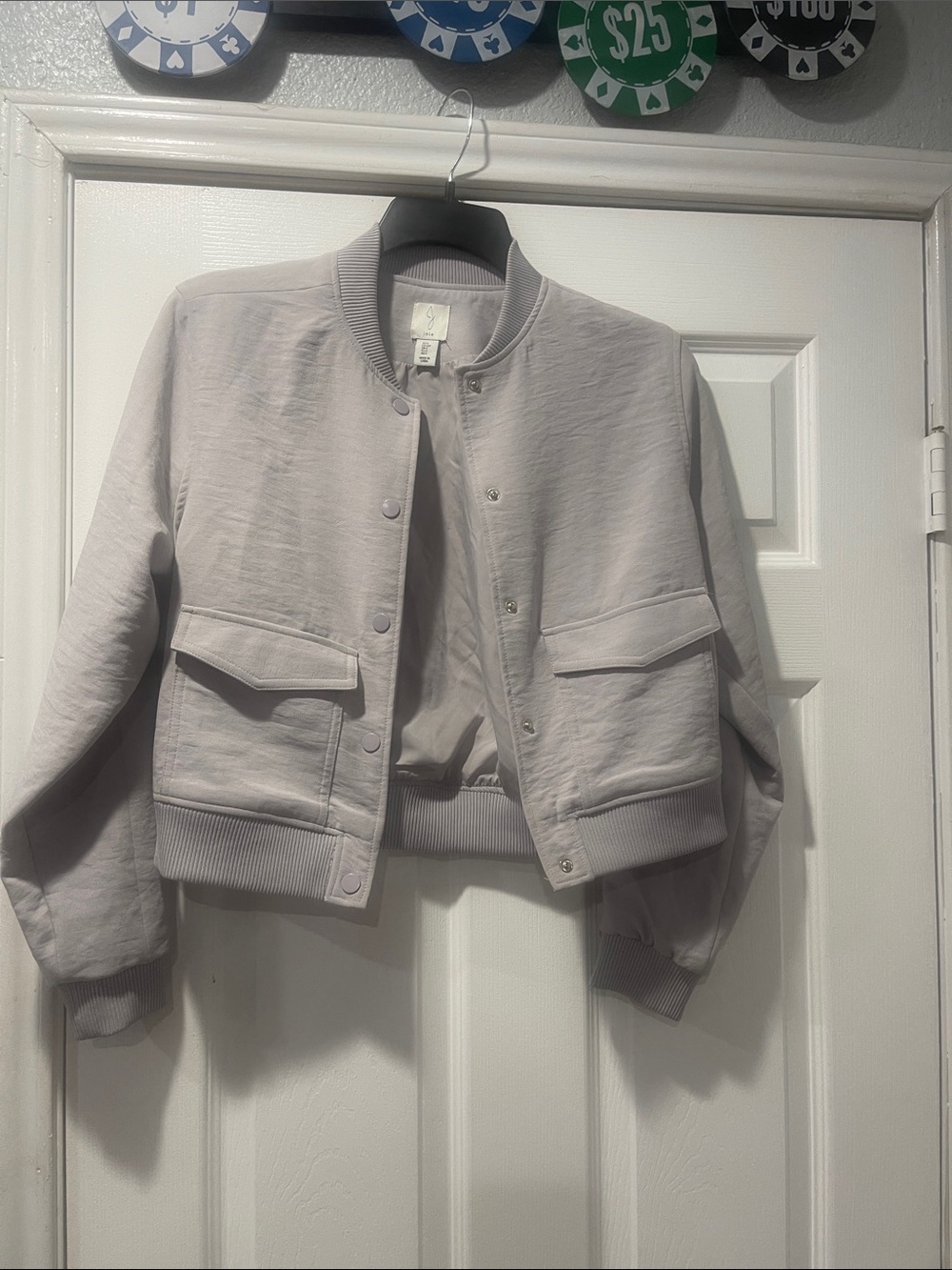 Joie Cropped Bomber Jacket in Pale Gray